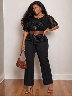 Torrid Black Sequin Short Sleeve Blouse with Keyhole Back
